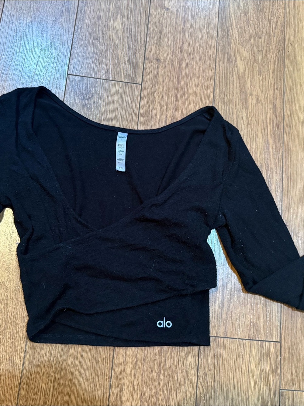 ALO Alolux Amelia Wrap-Front Crop Long Sleeve Top in Black